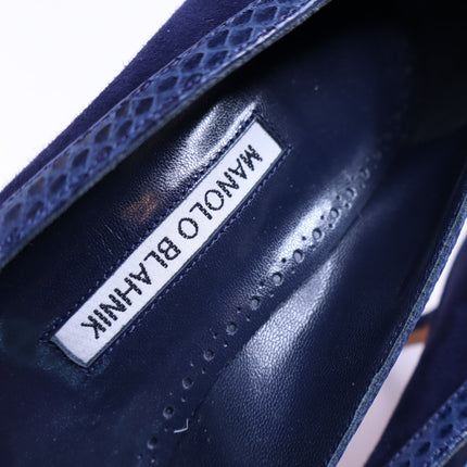 MANOLO BLAHNIK Monda Snake and Suede Pumps Navy Pointed Toe Heel Women's 38