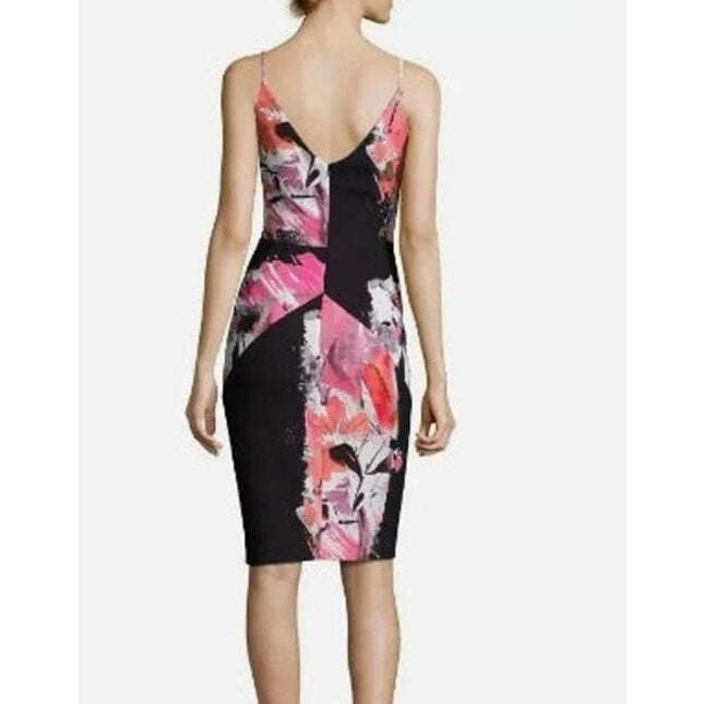 BLACK HALO Judy Floral Sheath Dress Black and Pink V Neck Ponte Knit Women's 10