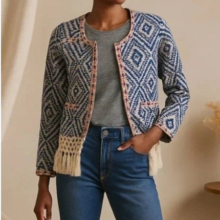 Tularosa Santa Fe Fringe Jacket Blue Ikat Print Open Long Sleeve Women's XS