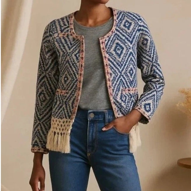 Tularosa Santa Fe Fringe Jacket Blue Ikat Print Open Long Sleeve Women's XS