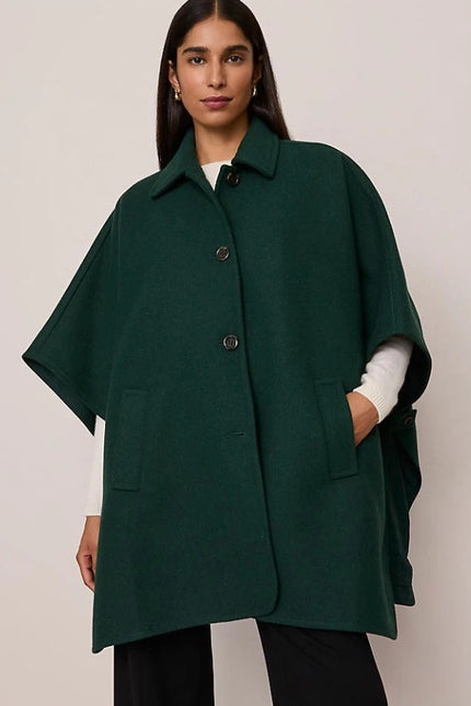 ANN TAYLOR NWT Buttoned Trench Cape Dark Green Wool Blend Women's MP