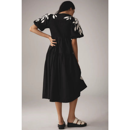 Anthropologie Embroidery Applique Midi Dress Black Puff Sleeve Women's XS