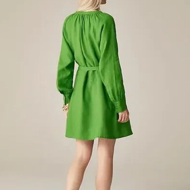 J. CREW Green Cabana Linen Mini Shift Dress NWT Summer Moss Belted Women's S