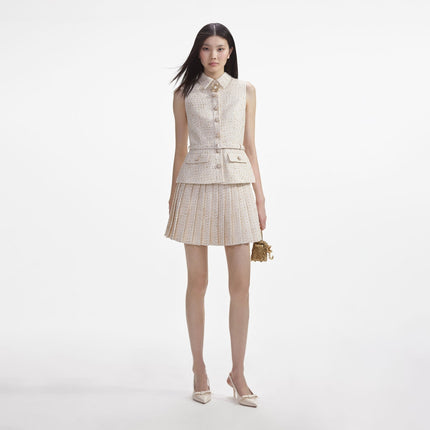 SELF-PORTRAIT Cream Metallic Bouclé Mini Dress Sleeveless Belted Women's 10
