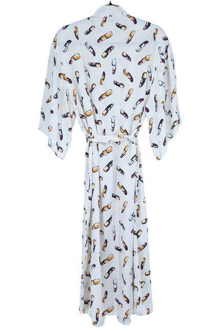 RECLINER Silk Lipstick Print Robe Midi Ivory Loungewear Luxury Satin Women's S