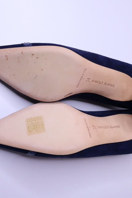 MANOLO BLAHNIK Monda Snake and Suede Pumps Navy Pointed Toe Heel Women's 38