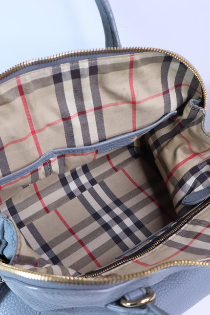 BURBERRY Greenwood Bowling Bag Grey Pebbled Leather with Plaid Lining Crossbody