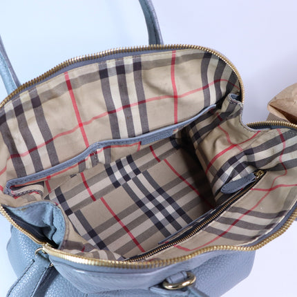 BURBERRY Greenwood Bowling Bag Grey Pebbled Leather with Plaid Lining Crossbody