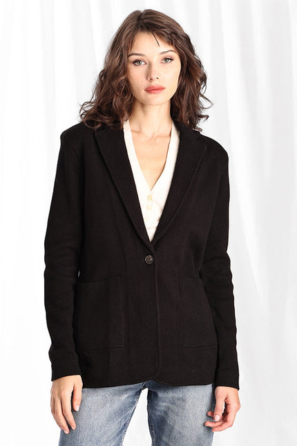 MINNIE ROSE Cotton Blend Boyfriend Blazer Black One Button Unlined Women's S