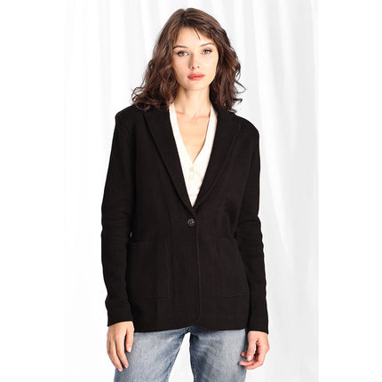 MINNIE ROSE Cotton Blend Boyfriend Blazer Black One Button Unlined Women's S