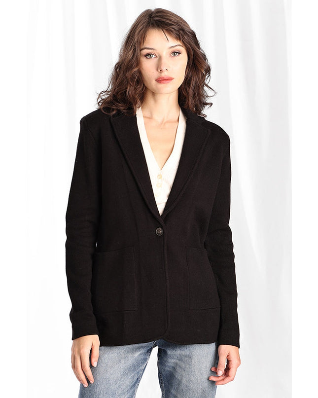 MINNIE ROSE Cotton Blend Boyfriend Blazer Black One Button Unlined Women's S