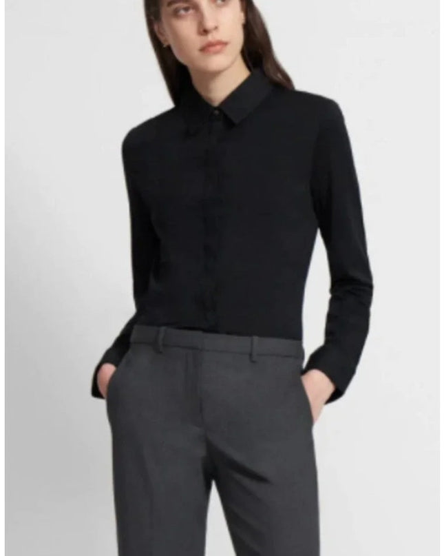 Theory Apex Tee Fitted Shirt NWT Black Button Up Collared Blouse Women's S