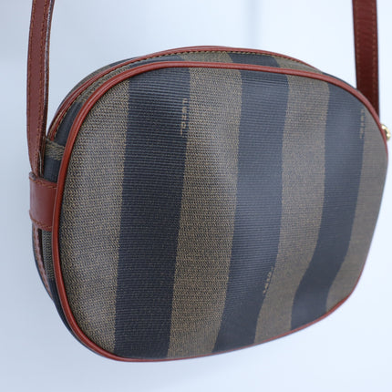 Fendi Pequin Striped Leather Crossbody Purse Round Brown Black Vintage 90's