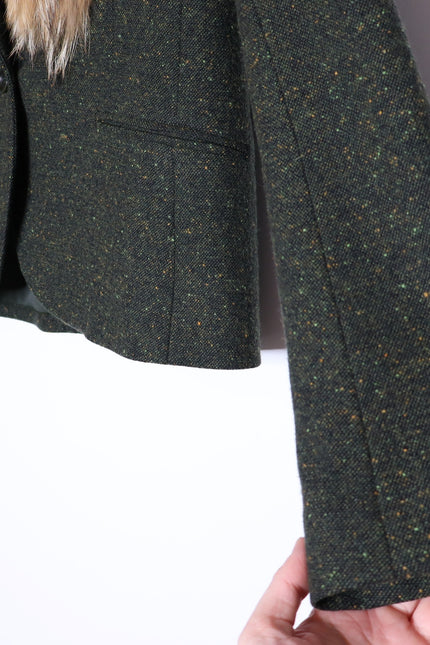 THEORY Tweed Blazer Olive Green Removable Rabbit Fur Collar Jacket Women's 8