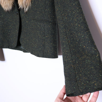 THEORY Tweed Blazer Jacket NWOT Olive Green Removable Rabbit Fur Collar Women's 8
