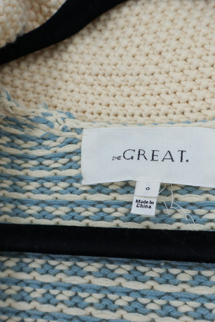 THE GREAT. Minicheck Lodge Cardigan Sweater Morning Sky Open Front Women's 0 XS