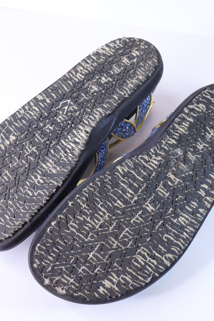 MARNI Flat Glitter Sandals Blue and Gold Butterfly Ankle Strap Women's 38/US 8