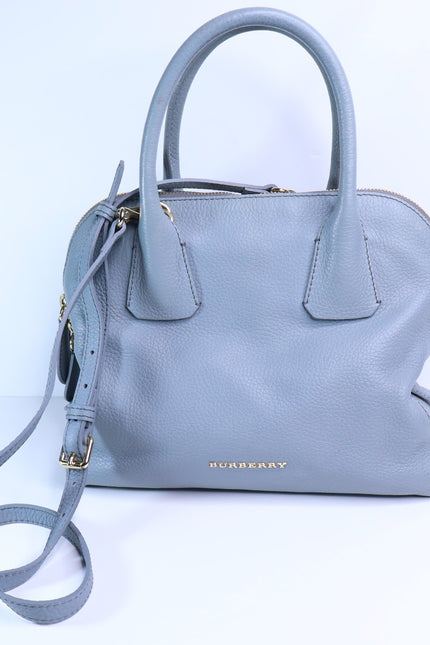 BURBERRY Greenwood Bowling Bag Grey Pebbled Leather with Plaid Lining Crossbody