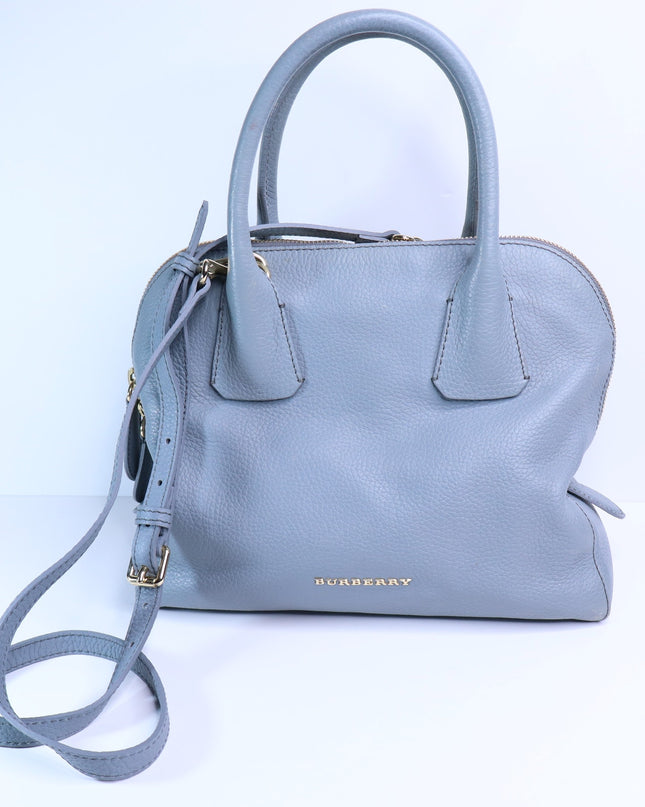 BURBERRY Greenwood Bowling Bag Grey Pebbled Leather with Plaid Lining Crossbody