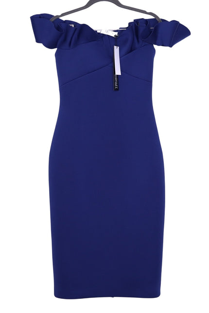 BADGLEY MISCHKA Ruffled Off-Shoulder Sheath Dress Navy Stretch Scuba Women's 4