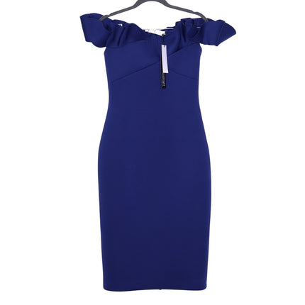 BADGLEY MISCHKA Ruffled Off-Shoulder Sheath Dress Navy Stretch Scuba Women's 4