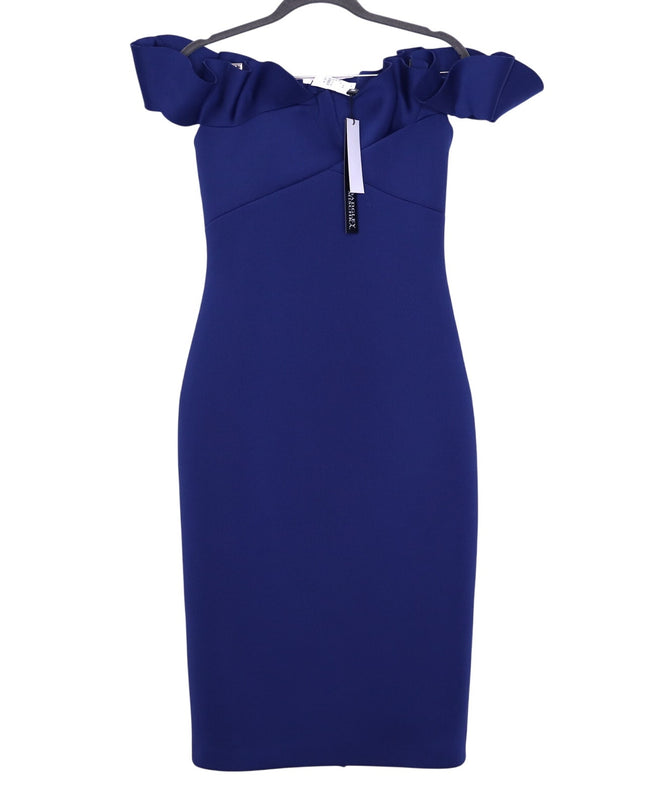BADGLEY MISCHKA Ruffled Off-Shoulder Sheath Dress Navy Stretch Scuba Women's 4