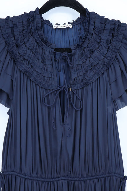 ULLA JOHNSON Midnight Navy Isadora Dress Pleated Satin Midi Ruffled Women's 2