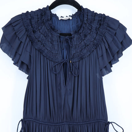 ULLA JOHNSON Midnight Navy Isadora Dress Pleated Satin Midi Ruffled Women's 2