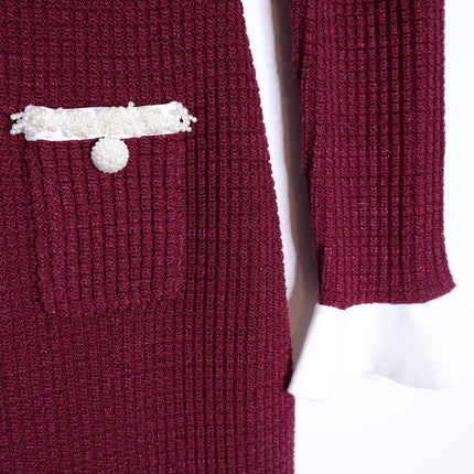 Self-Portrait Burgundy Pearl Trim Knit Midi Dress Long Sleeve Women's M