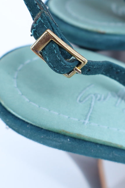 GIUSEPPE ZANOTTI Swarovski Gemmed Slingback Heel Teal Suede Women's 38.5/US 8.5
