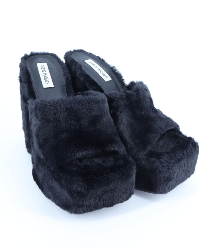 Steve Madden Trixie Faux Fur Heeled Sandals Black Platform Slip On Women's 10M