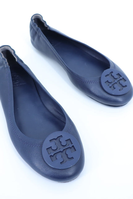 TORY BURCH Reva Flats Navy Blue Leather Slip On Travel Ballet Shoe Women's 6.5