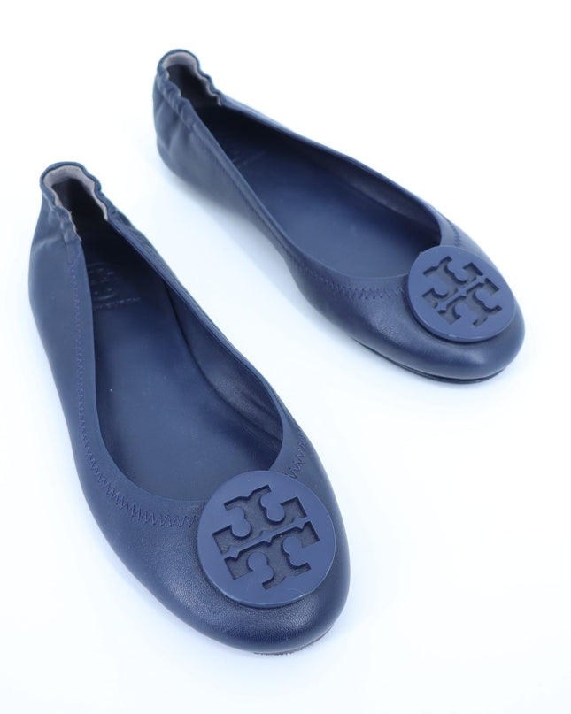 TORY BURCH Reva Flats Navy Blue Leather Slip On Travel Ballet Shoe Women's 6.5
