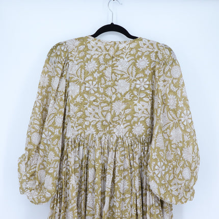 Daughters of India Kyra Mini Dress Olive Green Cotton Floral Print Women's M