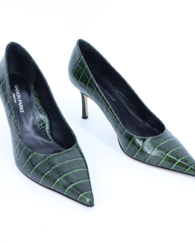 MARION PARKE Classic Pump 85 Green Leather Croc Pointed Toe Women's 39/US 9