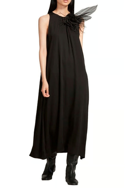 FABIANA FILIPPI Feather Embellished Lagenlook Maxi Dress Black Lined Women's XL