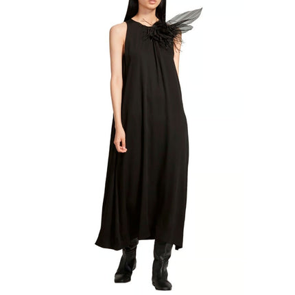 FABIANA FILIPPI Feather Embellished Maxi Dress Black Lined Lagenlook Women's XL