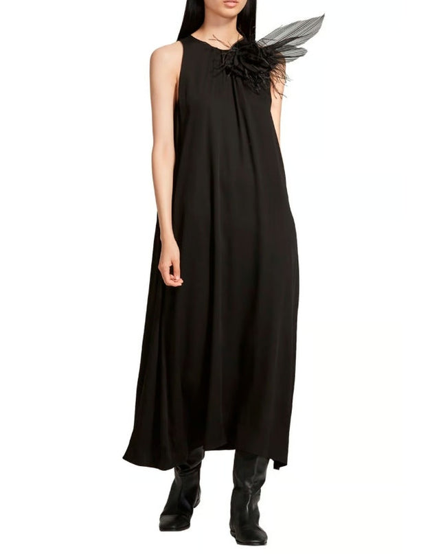 FABIANA FILIPPI Feather Embellished Maxi Dress Black Lined Lagenlook Women's XL