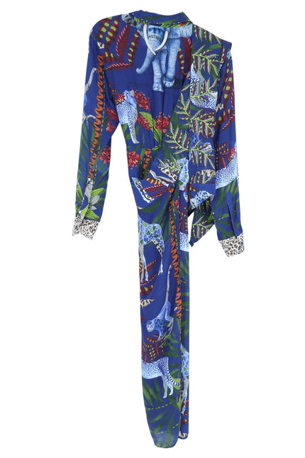 TAJ BY SABRINA Malta Blue Wrap Dress Embroidered Safari Print Women's XS