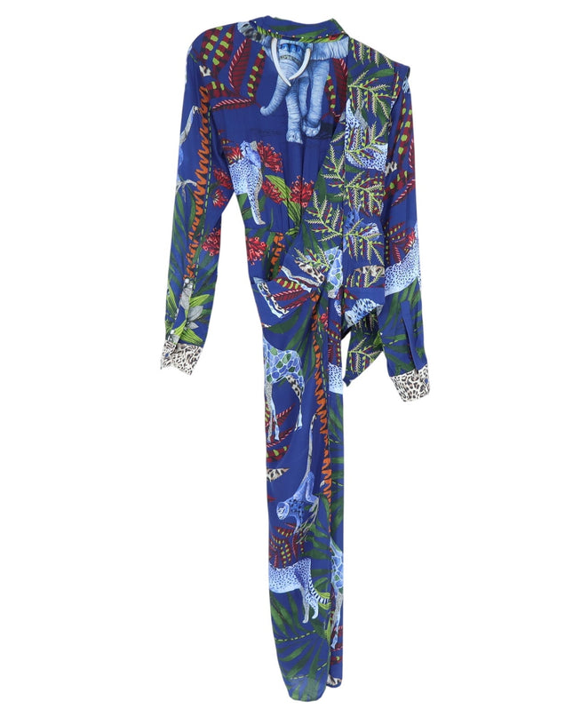 TAJ BY SABRINA Malta Blue Wrap Dress Embroidered Safari Print Women's XS