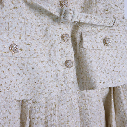 SELF-PORTRAIT Cream Metallic Bouclé Mini Dress Sleeveless Belted Women's 10