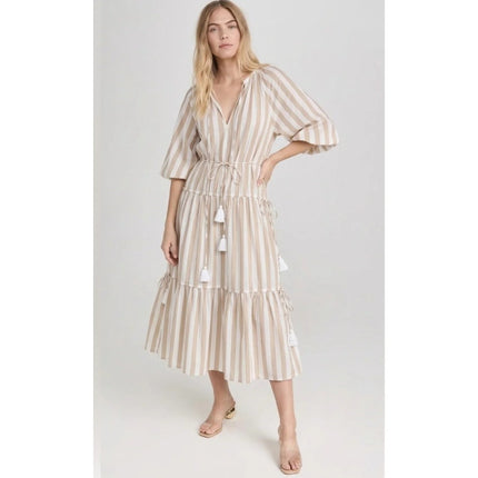 Mille Natalia Midi Dress Beige White Stripe NWT Tasseled Tiered Women's XS