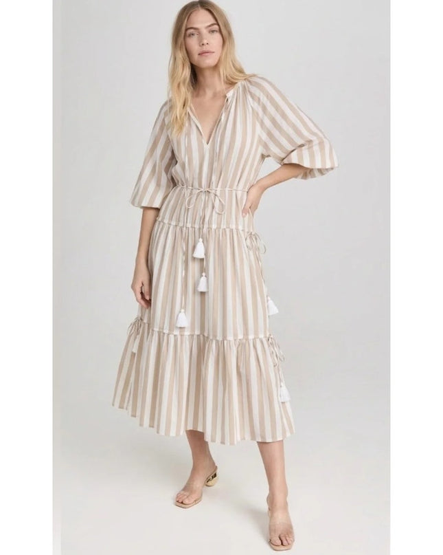 Mille Natalia Midi Dress Beige White Stripe NWT Tasseled Tiered Women's XS