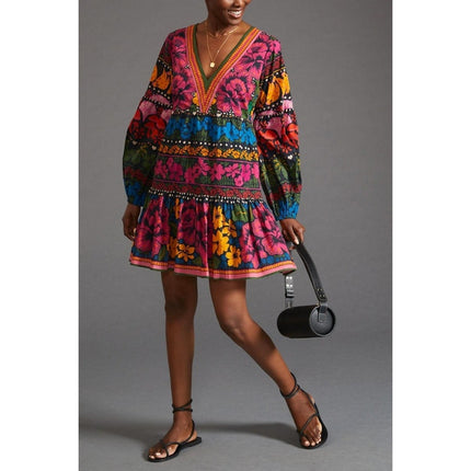 Farm Rio Puff Sleeve Tunic Mini Dress Black Multi V Neck Pullover Women's S