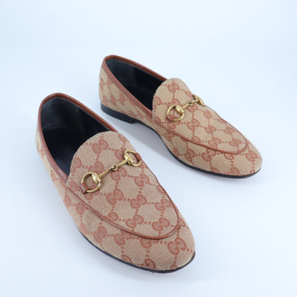 Gucci Jordaan Horsebit Loafers Beige GG Canvas Slip On Women's 35.5/US 5.5