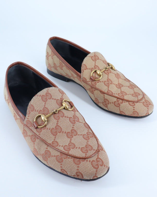 Gucci Jordaan Horsebit Loafers Beige GG Canvas Slip On Women's 35.5/US 5.5