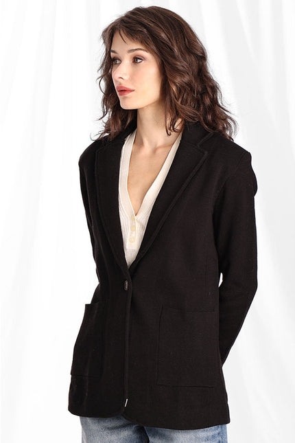MINNIE ROSE Cotton Blend Boyfriend Blazer Black One Button Unlined Women's S