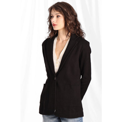 MINNIE ROSE Cotton Blend Boyfriend Blazer Black One Button Unlined Women's S