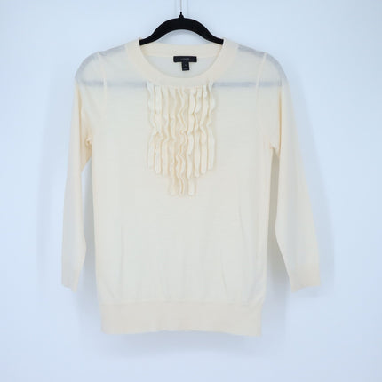 J. Crew Ruffled Pullover Sweater Ivory Wool Crew Neck 3/4 Sleeve Women's XS