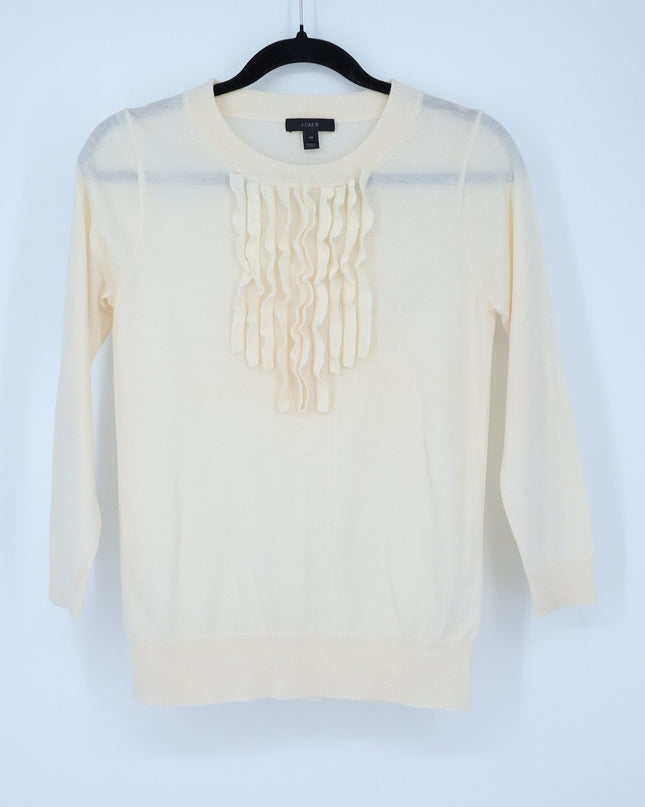 J. Crew Ruffled Pullover Sweater Ivory Wool Crew Neck 3/4 Sleeve Women's XS